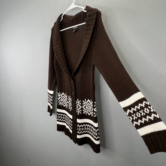 Vintage Y2K Wet Seal Cardigan Duster Sweater M Brown Long Nordic Fair Isle - Picture 2 of 5